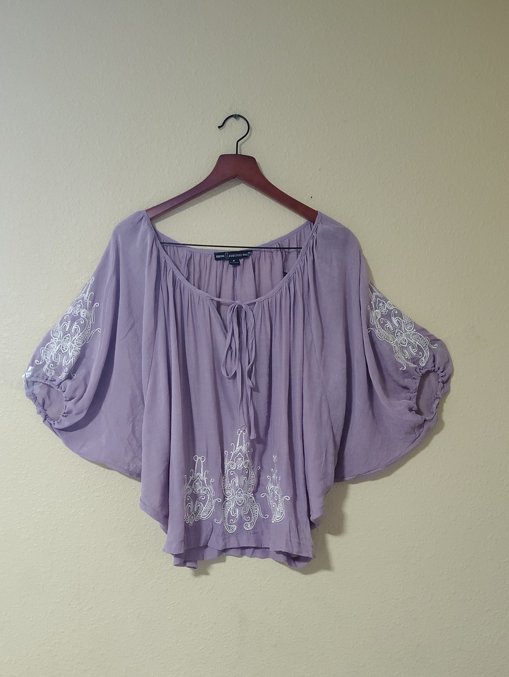 Gemstone Floral Embroidered Lantern Sleeves Peasant Top Size M Bohemian Beachy